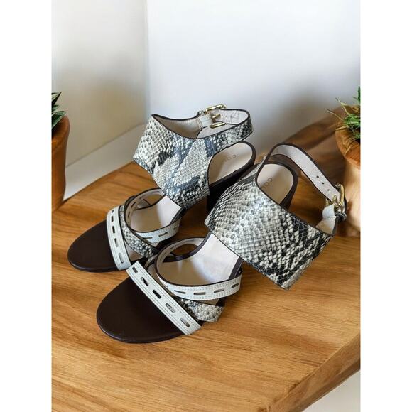 Cole Haan Women 5.5 Slingback Leather Python Print Heeled Sandals Chunky Heels - Picture 1 of 8